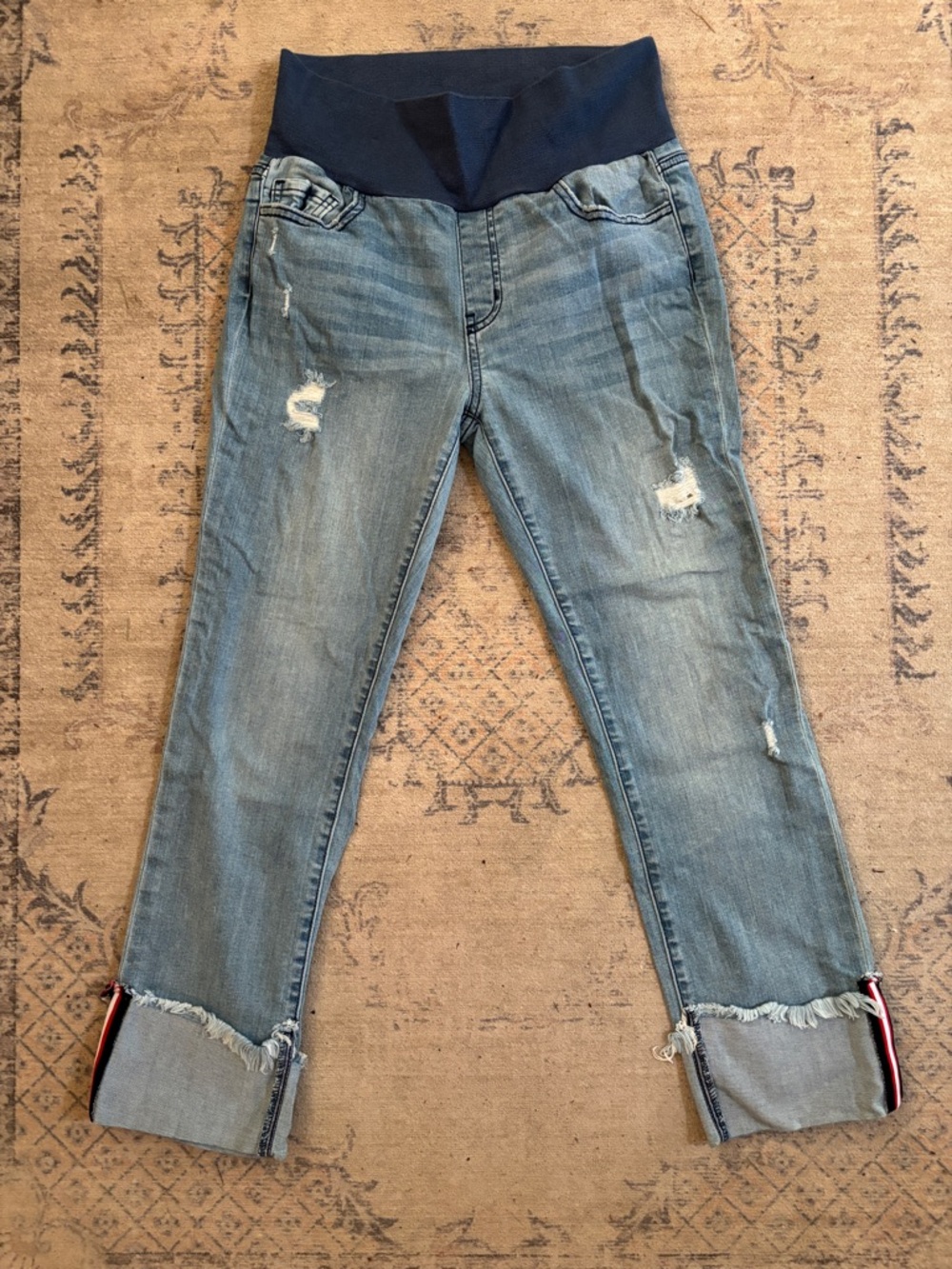 M. Rena Distressed Light Blue Maternity Jeans with Navy Waistband